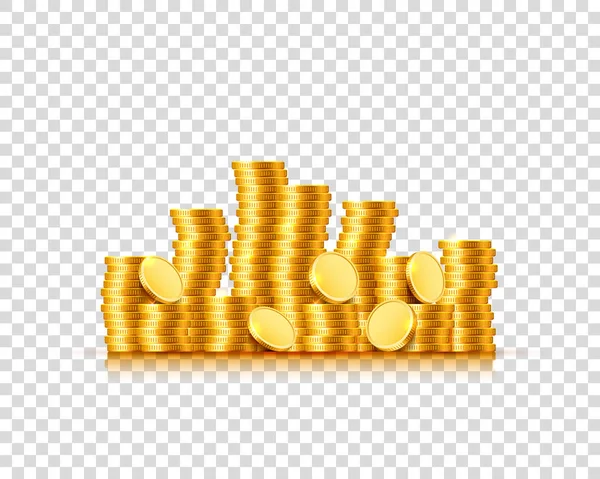 Muchas monedas sobre un fondo transparente . — Vector de stock