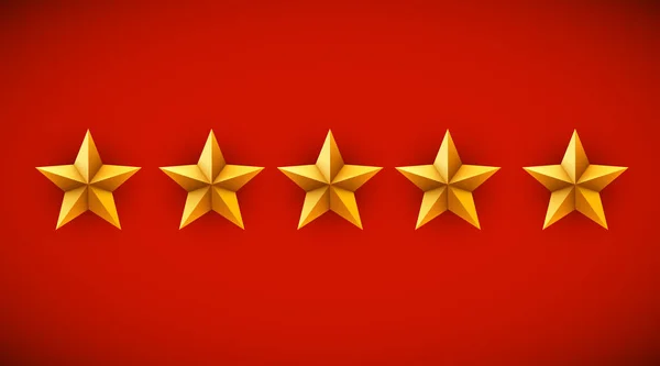 Vijf gouden sterren op rode achtergrond. Rating, rang of toekenning concept. — Stockvector