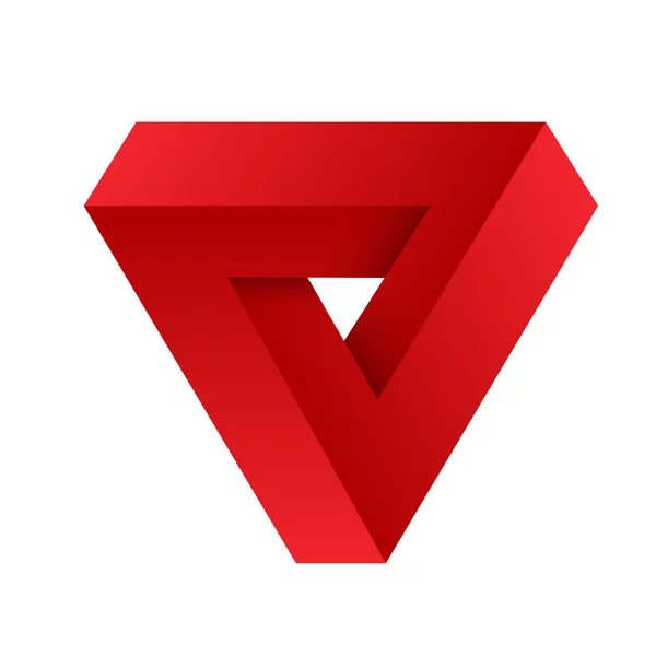 Triángulo de penrose rojo. Ilusión óptica de objeto geométrico 3D . — Vector de stock