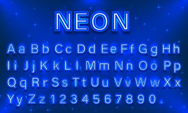 Neon şehir renk mavi yazı tipi. İngilizce alfabe işareti.