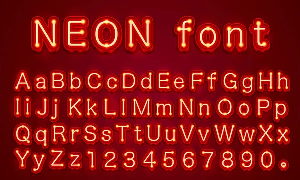 Neon city color red font. English alphabet sign. — Stock Vector