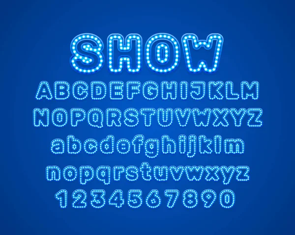 霓虹灯市颜色为蓝色字体。英语字母符号. — 图库矢量图片