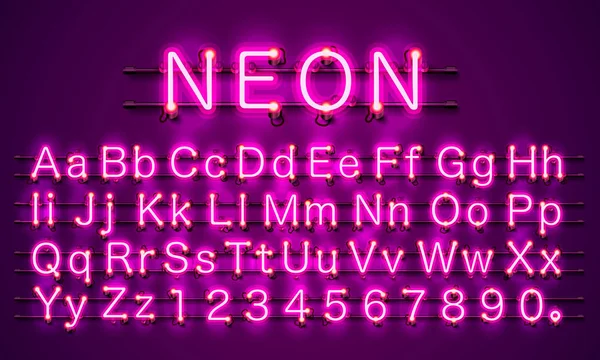 Neon Schrift Stadt Farbe lila, Schrift Alphabet. — Stockvektor