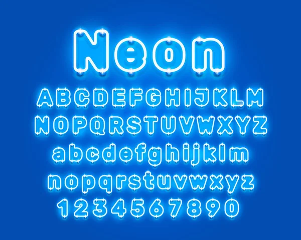 Neon Stad Kleur Blauw Lettertype Engels Alfabet Cijfers Ondertekenen Vectorillustratie — Stockvector