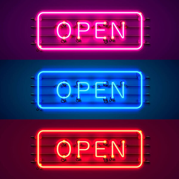 Neon sign with text open, entrance is available.