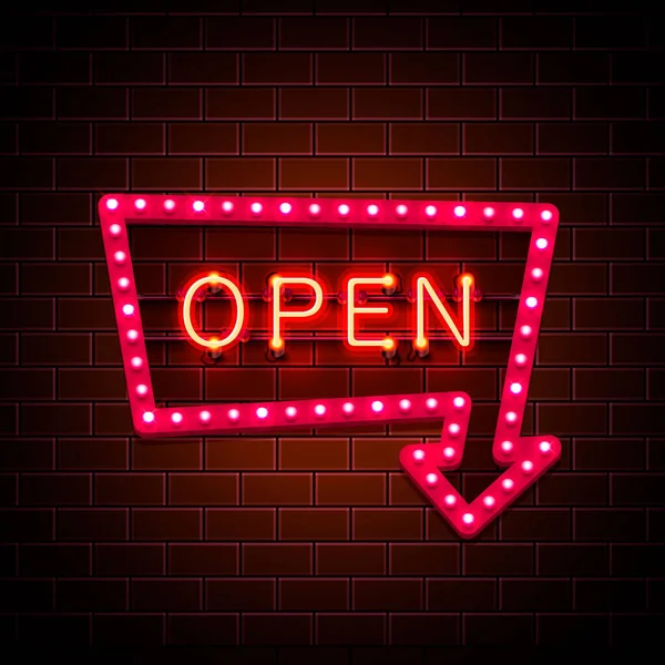 Neon teken met tekst open pijl. — Stockvector