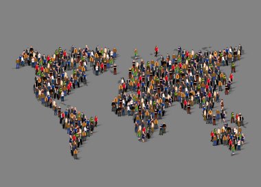 Bir grup insan dünya haritası şeklinde. Küreselleşme, nüfus, sosyal kavramı.