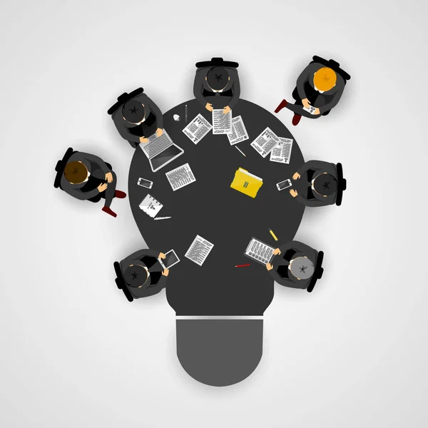 Geschäftstreffen und Brainstorming. Idee und Geschäftskonzept für Teamarbeit. Infografik-Vorlage mit Personen, Team und Glühbirnentisch. — Stockvektor