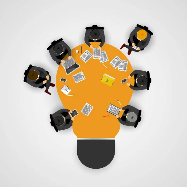 Incontro d'affari e brainstorming. Idea e concetto di business per il lavoro di squadra. Modello infografico con persone, team e tavolo delle lampadine . — Vettoriale Stock