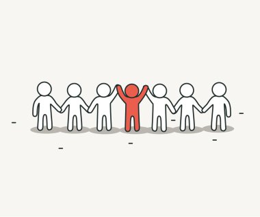 Yaratıcı lideri ile küçük beyaz insanlar. Yaratıcı fikir ve ekip çalışması kavramı. Çizilmiş karikatür el veya tasarım kroki.