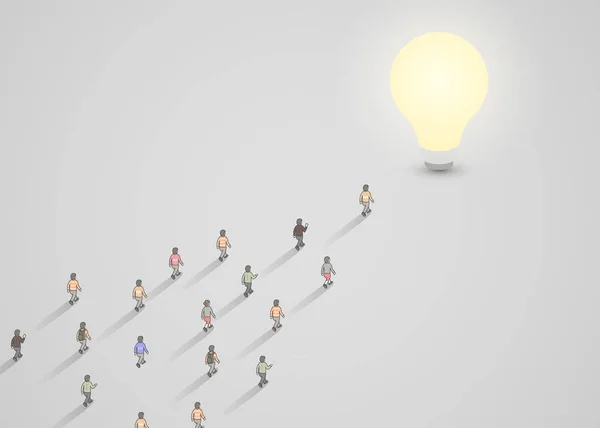 Un grupo de personas caminando hacia una bombilla. Tormenta de ideas, inspiración, concepto de negocio de ideas . — Vector de stock