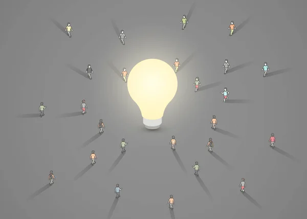 Een groep van mensen lopen in een lampje. Brainstorm, inspiratie, idee bedrijfsconcept. — Stockvector