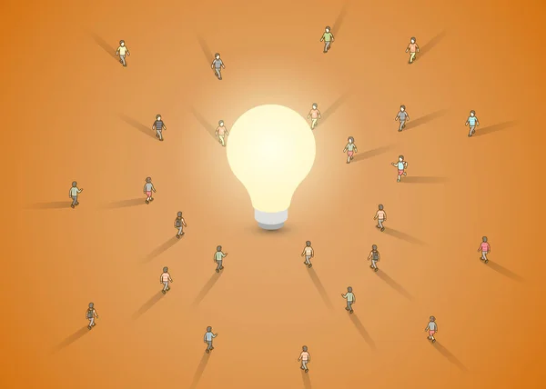 Een groep van mensen lopen in een lampje. Brainstorm, inspiratie, idee bedrijfsconcept. — Stockvector