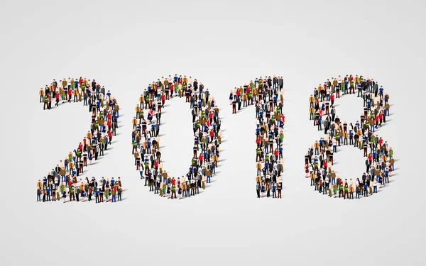 Bonne année 2018. Grand et diversifié groupe de personnes rassemblées sous la forme de nombre 2018 . — Image vectorielle