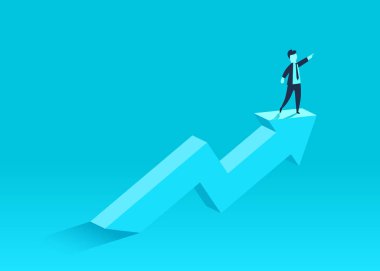 Yukarı ok ve yönü gösteren bir işadamı ile iş büyüme kavramı. Başarı, başarı simgesi.