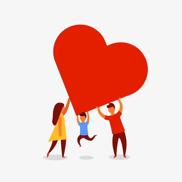 Una famiglia felice con un grande cuore rosso. Concetto amore . — Vettoriale Stock