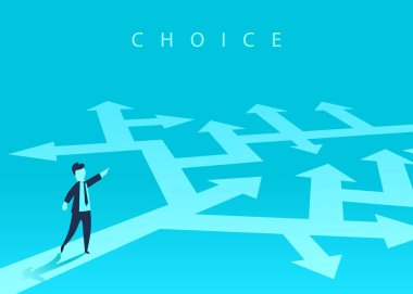 İş ve yönü gösteren bir işadamı yolu seçme kavramı. Başarı için sorun çözme, yol.