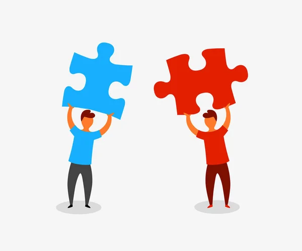 Duas pessoas de estilo plano conectando elementos de quebra-cabeça. Conceito de negócios, trabalho em equipe e parceria . — Vetor de Stock