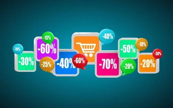 Het kopen van app pictogrammen, mobiele. Internet winkelen of commerce concept. — Stockvector