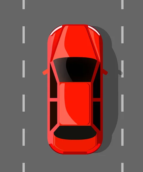 Κόκκινο ζεστό αυτοκίνητο στο δρόμο. Ταξίδι ή τη φυλή έννοια. Το Top view. — Διανυσματικό Αρχείο