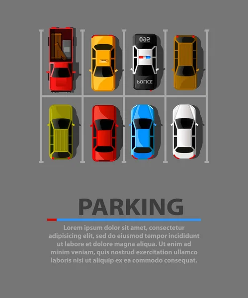 Ciudad estacionamiento vector web banner. Escasez de plazas de aparcamiento. Muchos coches en un aparcamiento lleno de gente. Zona de aparcamiento . — Vector de stock