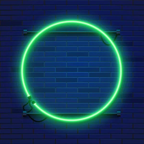 Neon lamp circle frame on brick wall background. Las Vegas concept. Vector illustration. — Stock Vector