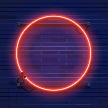 Neon lamba daire tuğla duvar arka plan karede. Las Vegas kavramı.