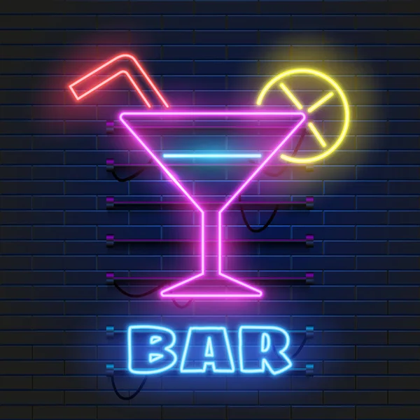 Neon cocktails bar sign on dark brick wall background. Glowing gas advertising with glasses of alcohol shake. Drinking canteen banner. Night club invitation. — Stock Vector