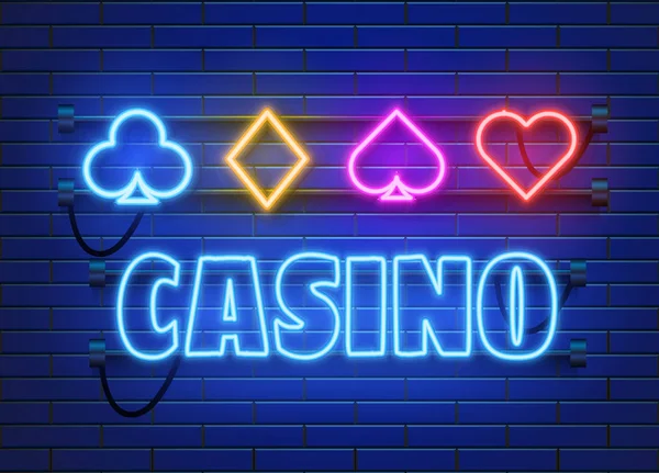 Lampada al neon casino banner su sfondo parete. Poker o blackjack giochi di carte segno. Concetto Las Vegas . — Vettoriale Stock