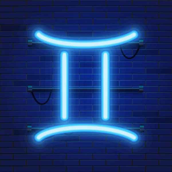 Blauw stralend kosmische neon dierenriem Gemini symbool op bakstenen muur achtergrond. Astrologie concept. — Stockvector