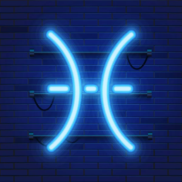 Azul brilhante zodíaco néon cósmico Peixes símbolo no fundo da parede de tijolo. Conceito de astrologia . — Vetor de Stock
