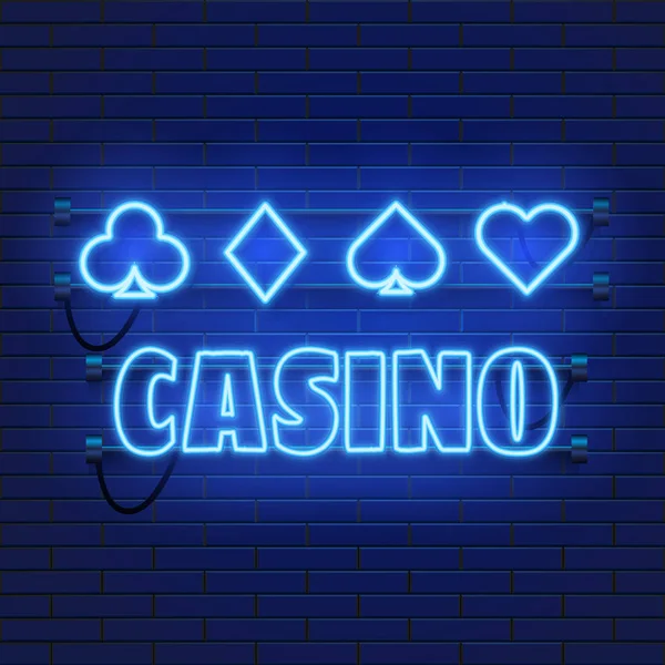 Lâmpada de néon banner casino no fundo da parede. Poker ou blackjack sinal de jogos de cartas. Conceito de Las Vegas . —  Vetores de Stock