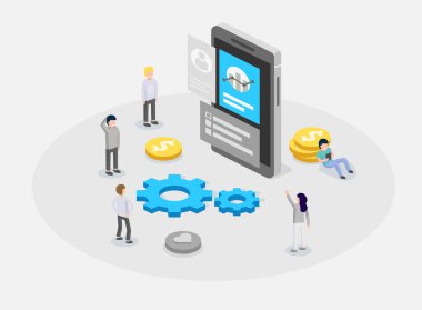 UX veya UI tasarım konsepti. Infographic aygıtla etrafında duran insanlar. Yazılım Grubu, telefon seo programlama için kiti.