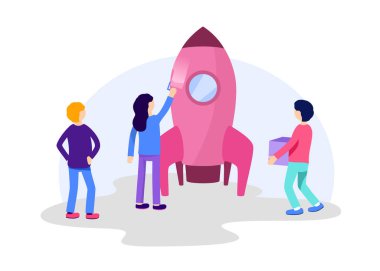 İnsanlar Uzay roket fırlatma kurmak. Başlangıç yaratıcı bir fikir. Takım çalışması ve iş denize indirmek kavramı.