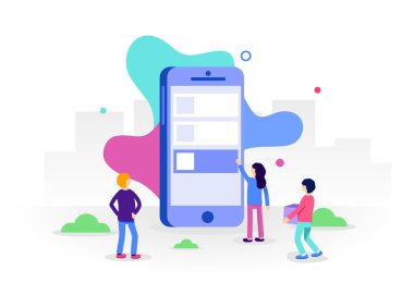 Mobil apps kavram gelişimi. Küçük insanların karakterleri büyük smartphone stand ve mobil uygulamalar geliştirmek. Trendy düz stil.