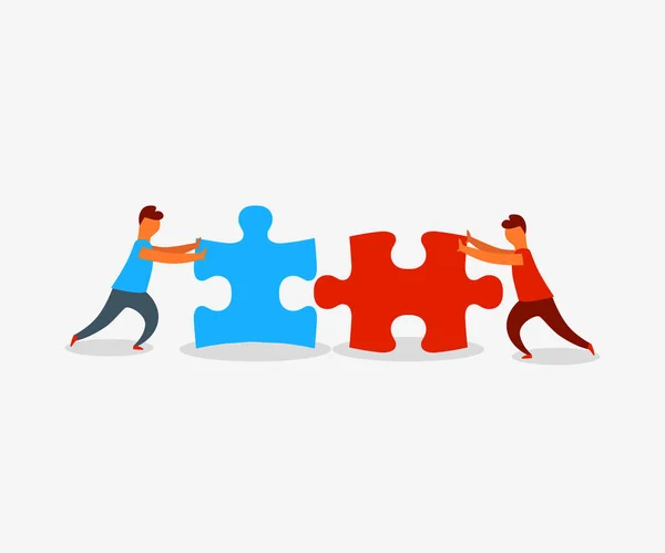 Twee vlakke stijl mensen verbinden puzzel elementen. Business, teamwerk en partnerschap concept. — Stockvector
