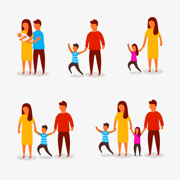 Rodinné Znaky Šťastní Rodiče Pár Dětmi Plochý Design Vektorové Ilustrace — Stockový vektor