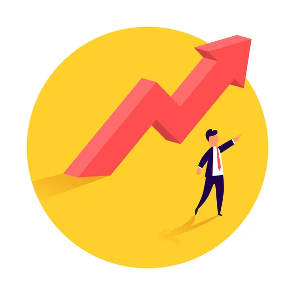 Concept of business growth with an upward arrow and a businessman showing the direction. Symbol of success, achievement. — Stock Vector