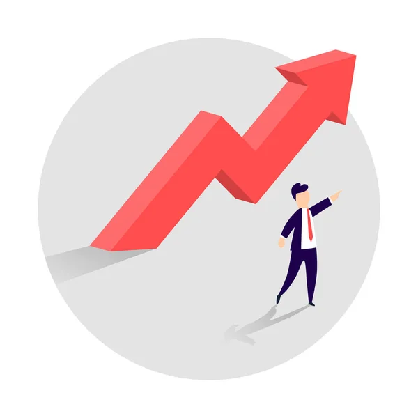 Concepto de crecimiento empresarial con una flecha hacia arriba y un empresario mostrando la dirección. Símbolo de éxito, logro . — Vector de stock