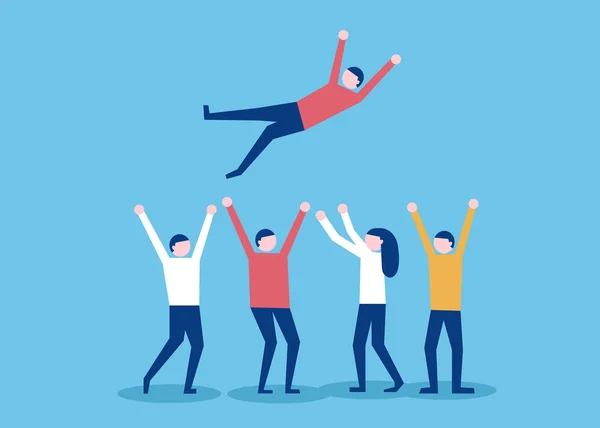 Group of people tossing in the air winner and celebrating victory achievement throwing colleague up in the air. — Stock Vector