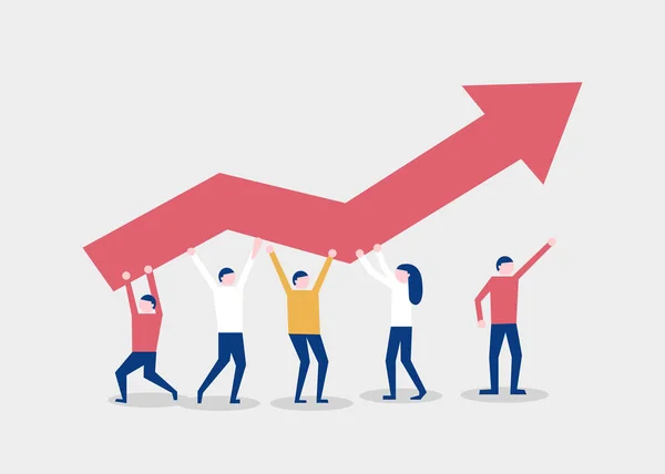 Mensjes verhogen een grafiek van de rode pijl. Teamwork en succes concept. — Stockvector