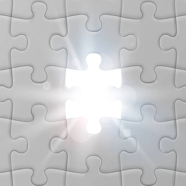 Biały puzzle układanki z nieodebranych i błyszczący kawałek. Koncepcja rozwiązania. — Wektor stockowy