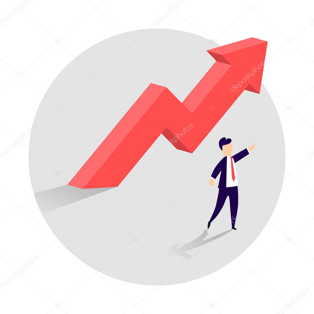 Concept of business growth with an upward arrow and a businessman showing the direction. Symbol of success, achievement.