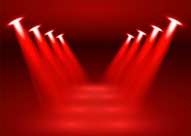 Işıklı sahne podyumu, Sahne Podyumu Sahnesi ve Kırmızı Arkaplanda Ödül Töreni. Vektör illüstrasyonu