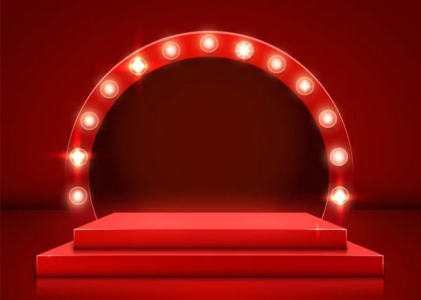 Podiumpodium met verlichting, Podiumpodium met voor prijsuitreiking op rode achtergrond. — Stockvector