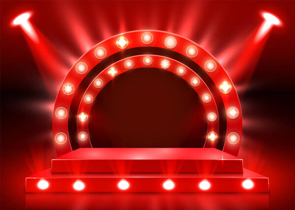 Stage podium with lighting, Stage Podium Scene with for Award Ceremony on red Background.