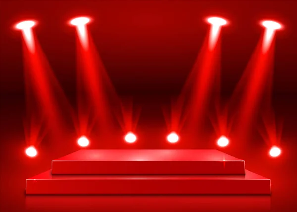 Scen podium med belysning, Scen Podium Scen med för prisutdelning på röd bakgrund. — Stock vektor