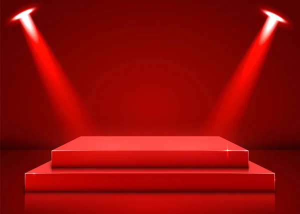 Stage podium with lighting, Stage Podium Scene with for Award Ceremony on red Background. — Stock Vector