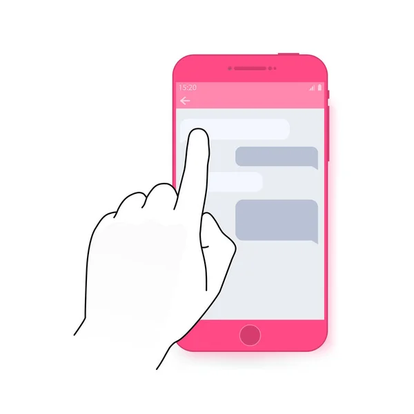 Палець торкається екрана смартфона з діалогом балачок. Сучасна концепція веб-банерів, веб-сайтів, інфографіки. Креативний дизайн квартири . — стоковий вектор