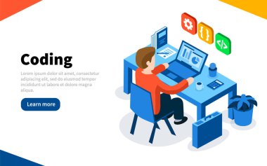 İş kavramı, programcı. Kodlama veya online eğitim programlama. Düz izometrik vektör çizim. Web sayfası şablonu. Vektör çizim